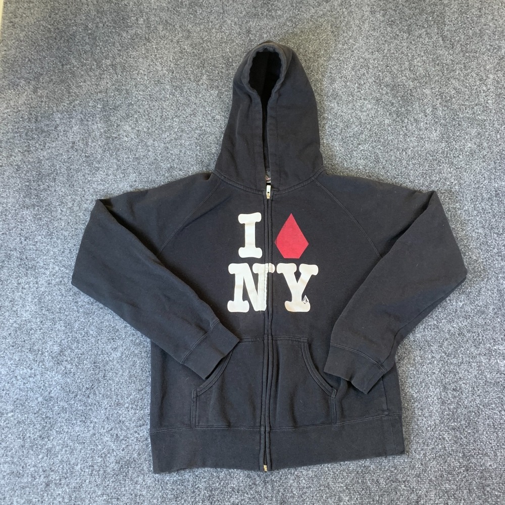 Volcom Hoodie Womens Large Black I Love NY Logo Fleece Lined Full Zipper Outdoor